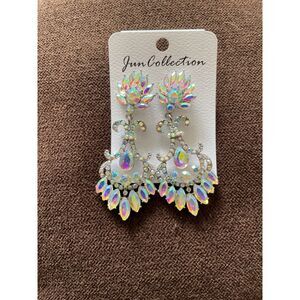 Long Silver Aurora Borealis Austrian Crystal Pageant Earrings 2.75 inches